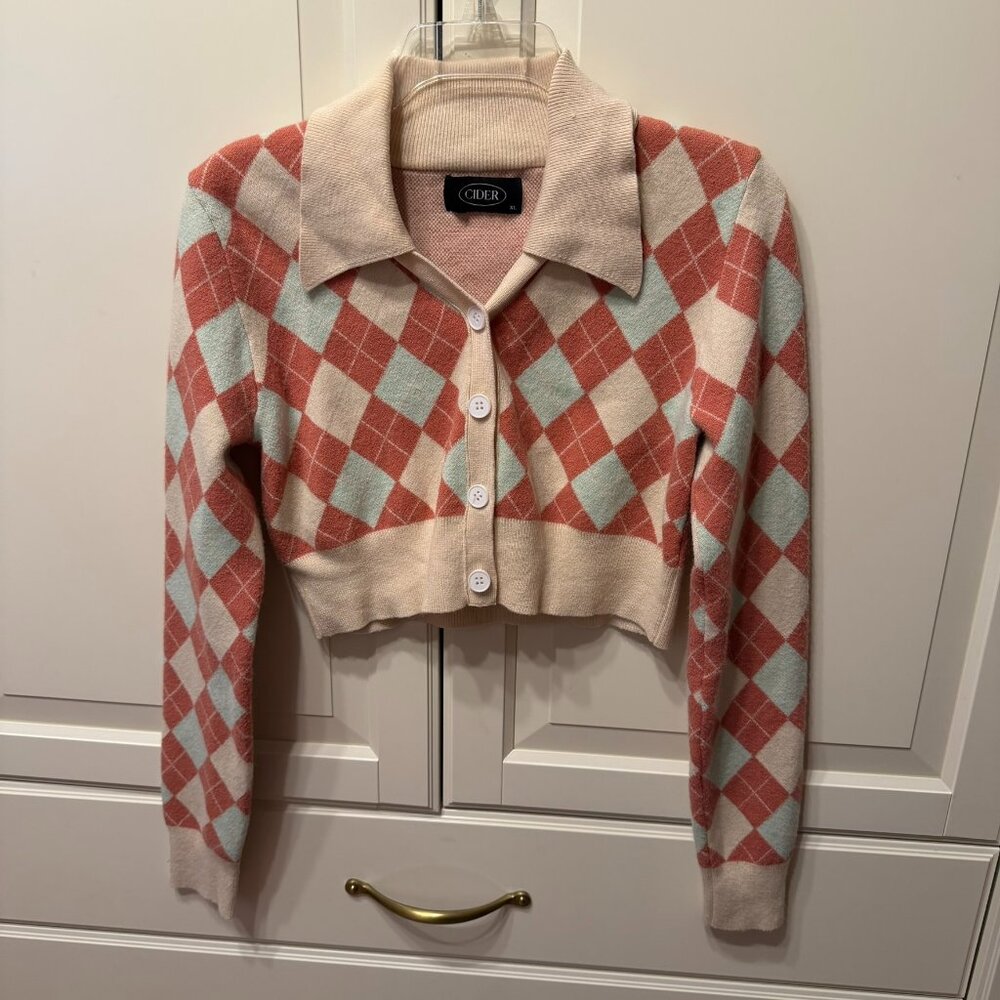 CIDER Cropped Argyle Button-Down‎ Cardigan (Size XL) VERY CUTE!